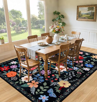 PLHXFR Area Rug 9x12 Living Room: Floral Washable Boho Soft Carpet Black | - Image 4