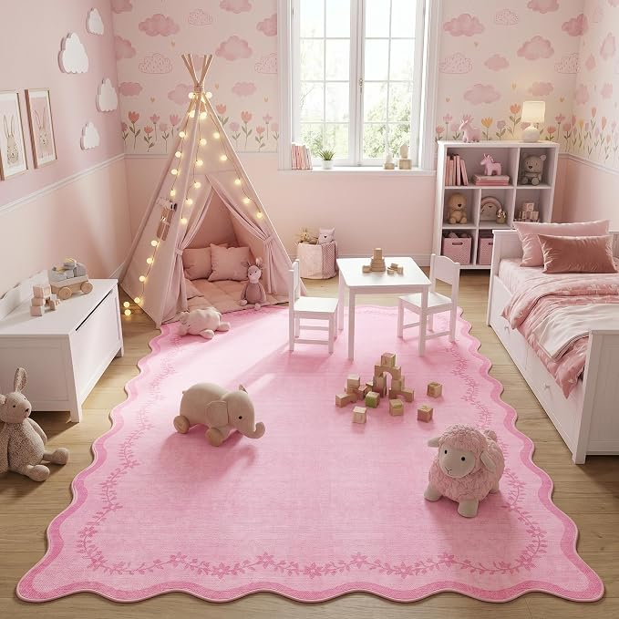 GarveeHome 4x6 Scalloped Washable Area Rug Pink Nursery Kids Bedroom Rug | Soft - Image 3
