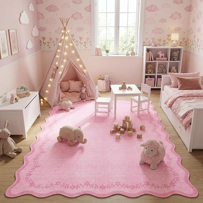 GarveeHome 4x6 Scalloped Washable Area Rug Pink Nursery Kids Bedroom Rug | Soft - Image 3