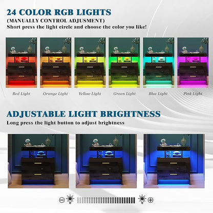 WOOVIVS Night Stand with Light, High Gloss Nightstand with USB/Wireless - Image 3