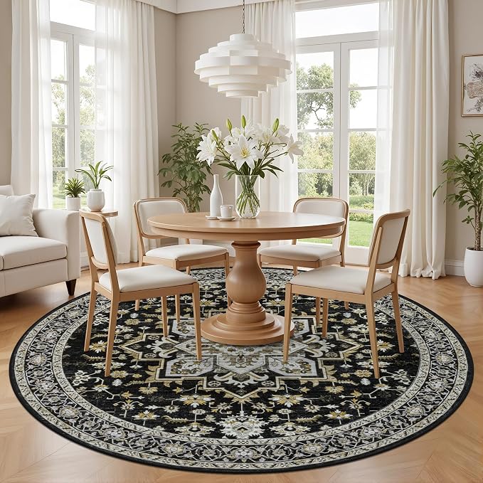 Round Area Rug for Living Room: 8ft Boho Washable Rug Black Gold | Vintage Boho - Image 3
