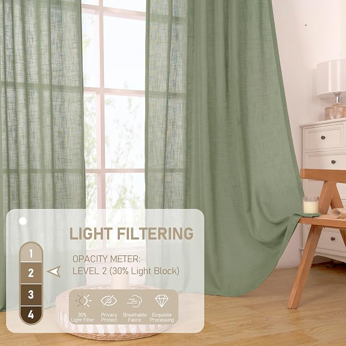Short Linen Window Curtains 30 inches Long 2 Panels, Sage Green Semi Sheer - Image 4