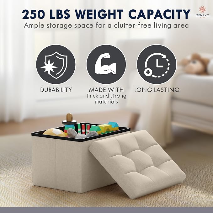 Ornavo Home Small Storage Ottoman Foldable Collapsible Rectangle Linen Ottoman - Image 7