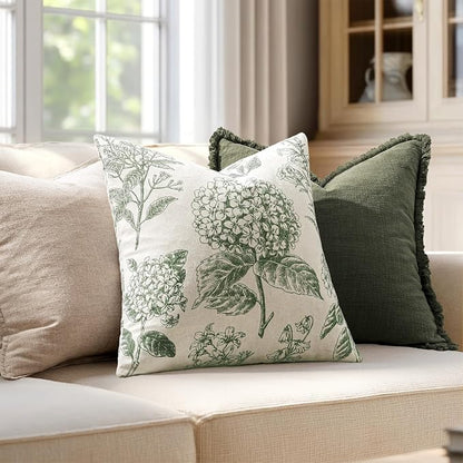 Set of 2 Decorative Floral Pillow Covers 22x22 Inch Dark Green | Neutral - Image 3