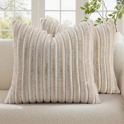 decorUhome Fall Faux Fur Throw Pillow Covers 20x20 Set of 2 Beige White | by decorUhome