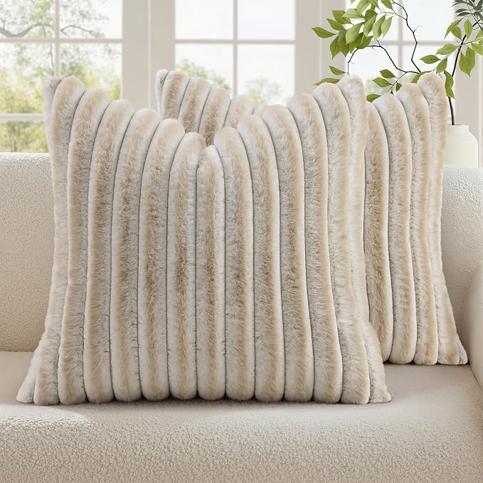 decorUhome Fall Faux Fur Throw Pillow Covers 26x26 Set of 2 Beige White | by decorUhome