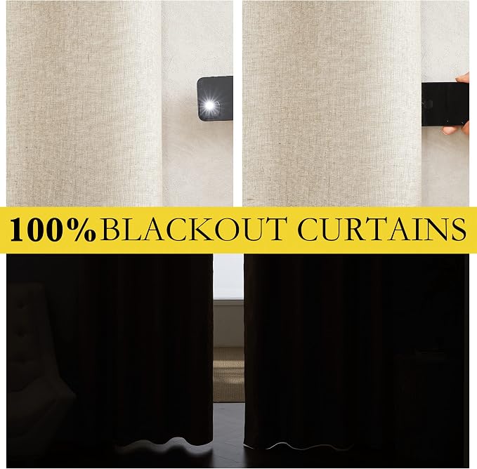 NICETOWN 100% Blackout Linen Texture Curtains 90" Long, Thermal Insulated Full - Image 2