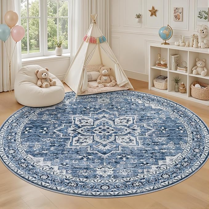 Round Area Rug for Living Room: 4ft Washable Rug for Bedroom Blue | Vintage - Image 5