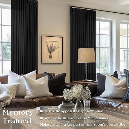 Black Pinch Pleated Linen Semi Sheer 96 Inch Curtains 2 Panels | Light Filtering - Image 2