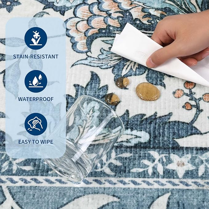 GarveeHome Provence Misty Blue 3x5 Rug Washable Non-Slip Low-Pile Indoor Rugs - Image 8