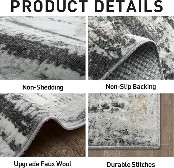 2'6''x8' Runner Rugs Washable Rug: Modern AbstractBlack Grey Gold Carpet | - Image 5