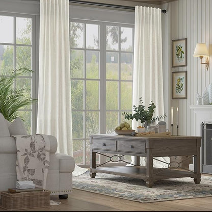 Semi Sheer Linen Curtains 110 Inches Long 2 Panels Set Cream Ivory Living Room - Image 3