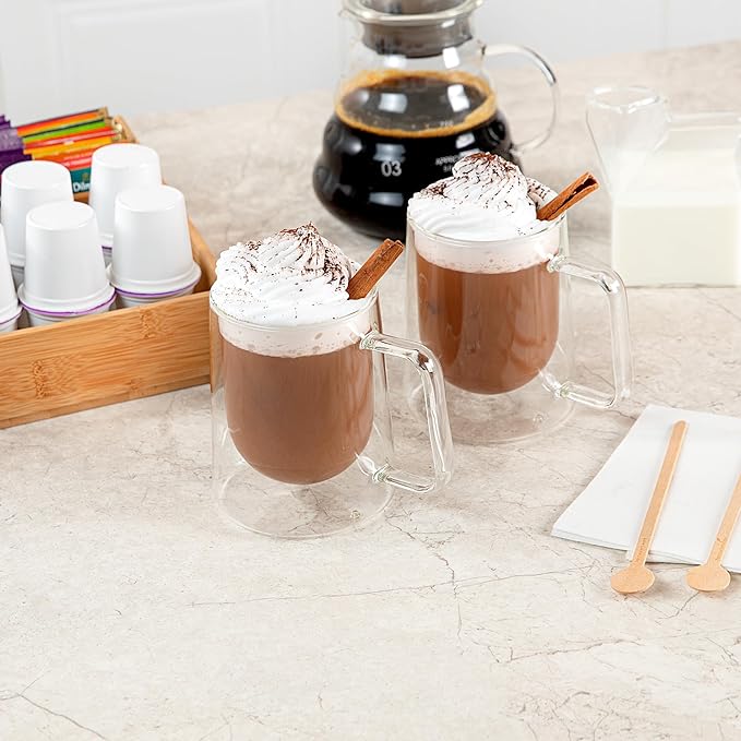Restaurantware-Forma Professional 10.2 Ounce Double Wall Coffee Mugs, 12 Insulated Coffee Mugs With Handle - Dishwashable, Reusable, Clear Glass Beverage Cups, Freezable, For Hot Or Cold Beverages