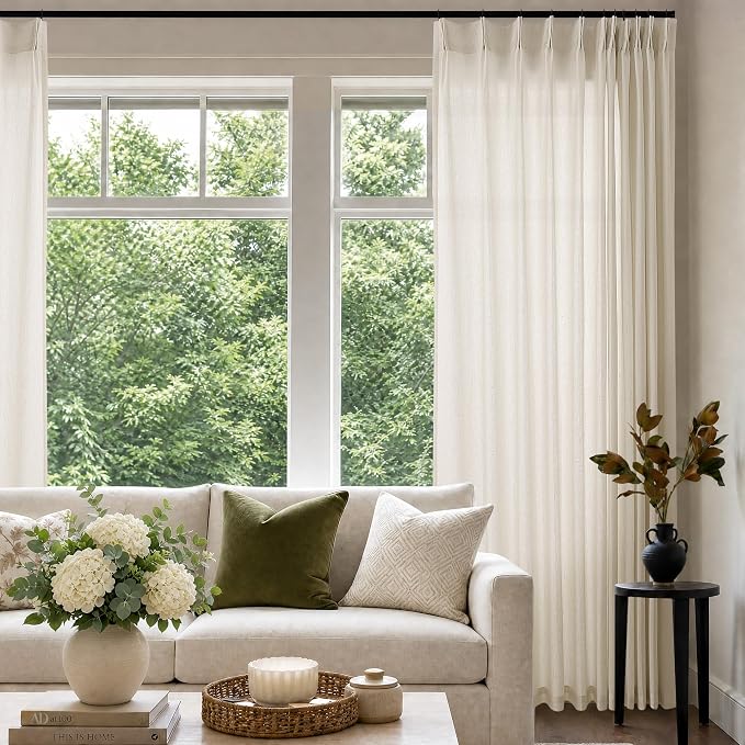 72 x 108 Inch Linen Curtains Pinch Pleated Extra Wide Semi Sheer | Light - Image 2