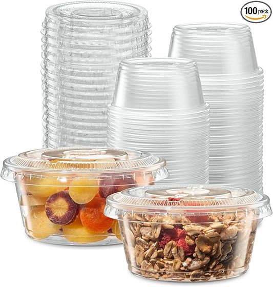 (3.25 oz - 100 Sets) Clear Diposable Plastic Portion Cups With Lids, Small Mini Containers For Portion Controll, Jello Shots, Meal Prep, Sauce Cups, Slime, Condiments, Medicine, Dressings,