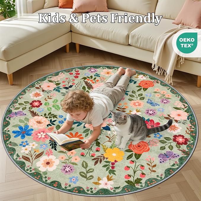 PLHXFR Round Area Rug Living Room: 6 ft Floral Washable Soft Carpet Green | - Image 8
