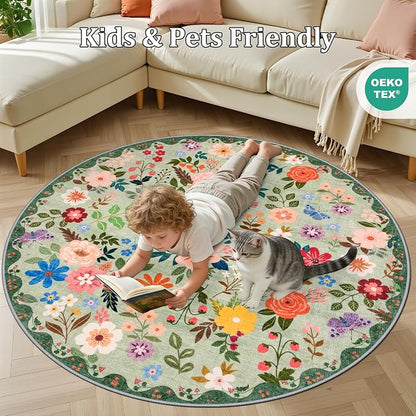 PLHXFR Round Area Rug Living Room: 6 ft Floral Washable Soft Carpet Green | - Image 8