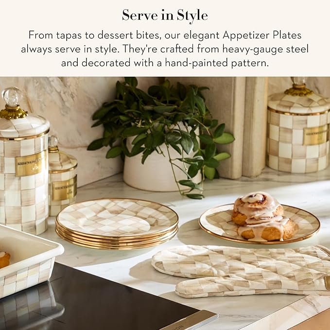 MACKENZIE-CHILDS Set of 4 Enamel Appetizer Plates, Decorative Dinnerware Plate, 5 Inches, Brown-and-White Mocha Check