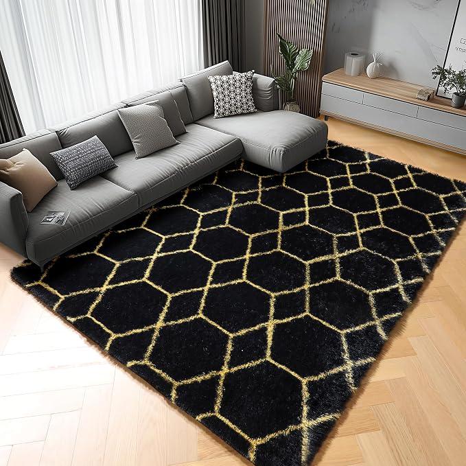 Area Rugs for Bedroom Living Room, 4x6 Fluffy Black and Gold Geometric Rug | - Image 7