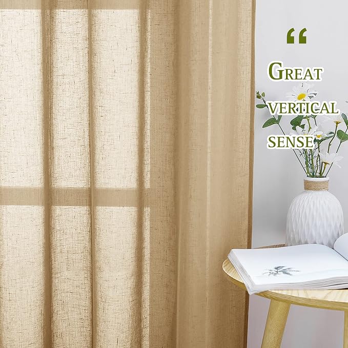 NICETOWN Sheer Linen Curtains Flax Texture 96 inch Long, Grommet Semi Sheer - Image 3