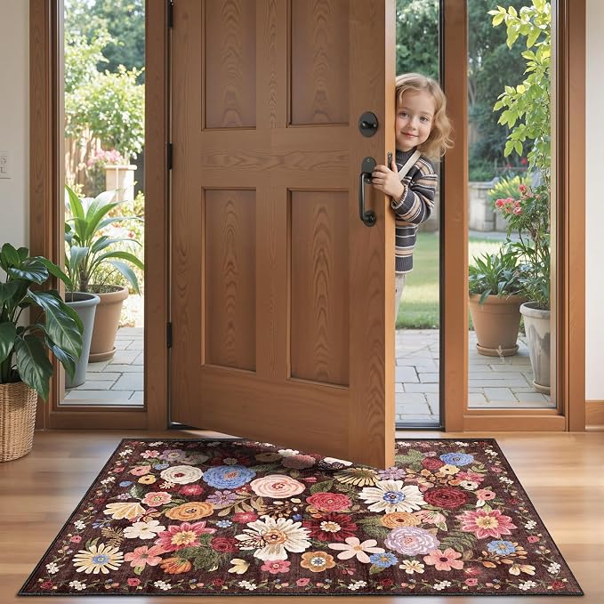 Black Brown Floral Hallway Runner Rug 2x5 - Image 5