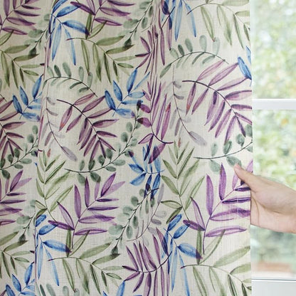 Yakamok 84 Inches Blue and Purple Leaves Linen Curtains - Image 5