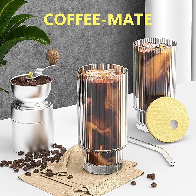 16 OZ Glass Cup with Lid and Straw, Vintage Ribbed Glassware for Whiskey Cocktail Beer, Iced Coffee Cups with Lid, Glass Tumbler with Straw and Lid (1 PACK)