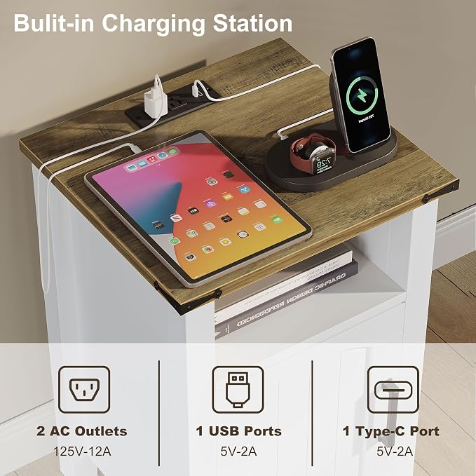 Farmhouse Nightstand with Charging Station, Rustic Bedside Table with Large - Image 4