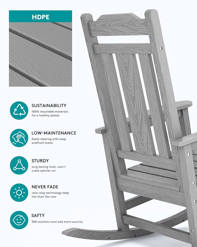 SERWALL Oversized Rocking Chair Set of 4 Outdoor, HDPE Outdoor Rocking Chair - Image 4
