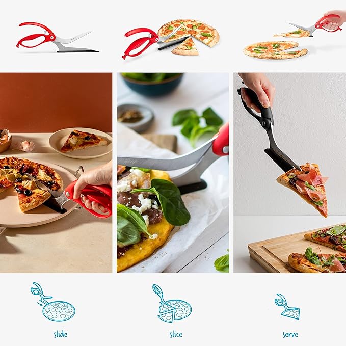 Dreamfarm Scizza 2-In-1 Easy Ergonomic Pizza Scissors with Stainless Steel Pizza Cutter Blades & Non-Stick Slice Server - Red