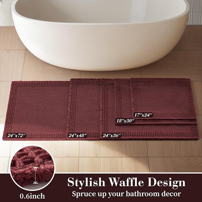 RESARE Waffle Bathroom Runner Rugs, Non Slip Boho Bath Mat 24"x48" Dark Red | - Image 5