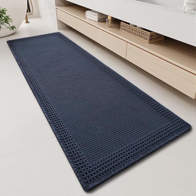 RESARE Waffle Bathroom Runner Rugs, Non Slip Boho Bath Mat 24"x72" Navy | Long by Resare