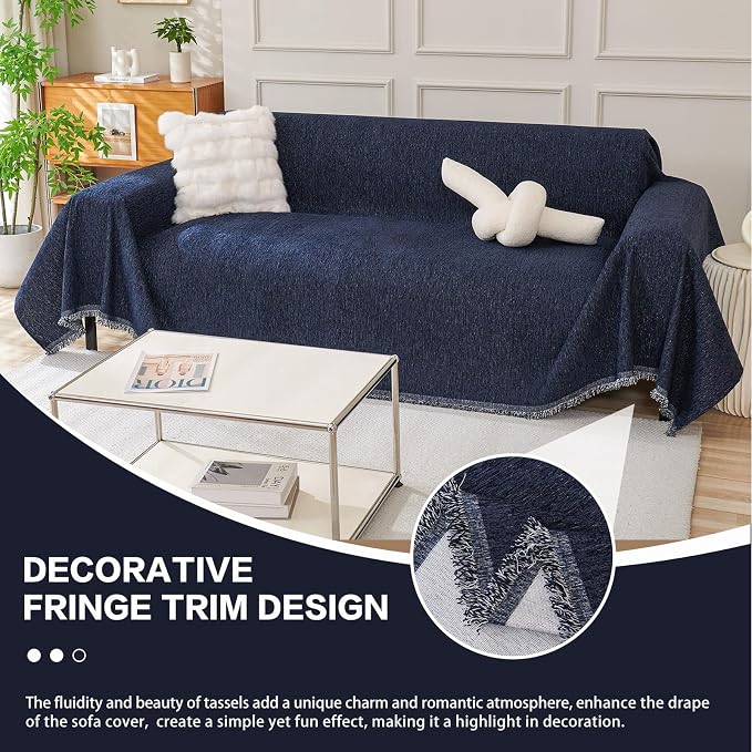 DREAMINGO Navy Blue Couch Cover Thick Chenille Couch Cover Blanket - Image 5
