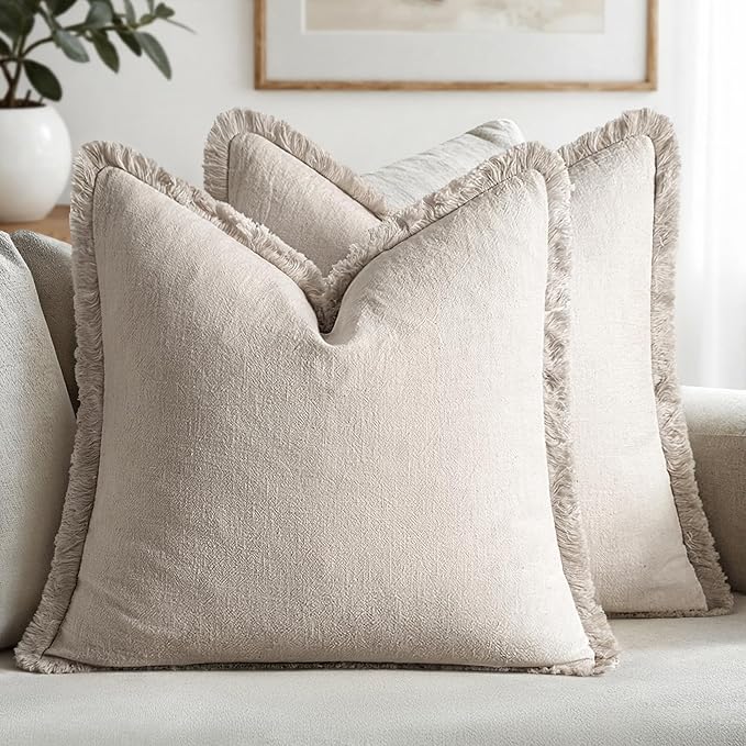 MIULEE Linen Fringe Decorative Euro Pillow Covers Natural Beige 22x22 | Set of 2 by MIULEE
