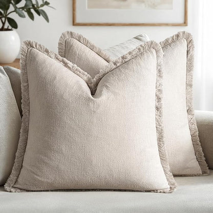 MIULEE Linen Fringe Decorative Throw Pillow Covers Natural Beige 20x20 | Set of by MIULEE