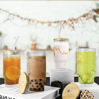 16oz Drinking Glasses Cups Set of 4 with Bamboo Lids Straws Brush Vintage Glassware Set for Mojito Iced Coffee Beer Cocktail Whiskey(Mixed)