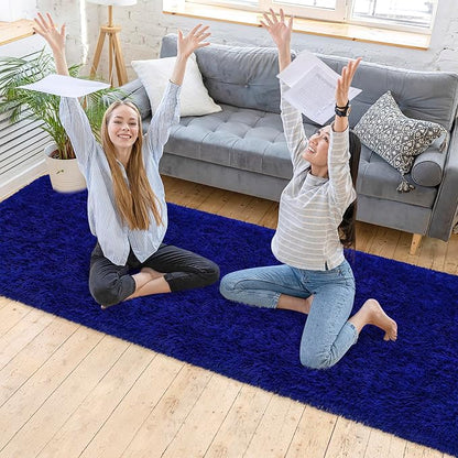 2x10 Bedside Area Rugs for Bedroom Soft Fluffy Shag Navy Blue Rug for Hallway - Image 2