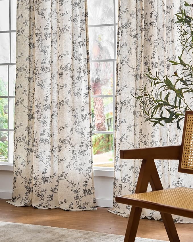 Black Vintage Floral Linen Curtains Farmhouse 38W X 90L 2 Panels | Elisa Series - Image 7