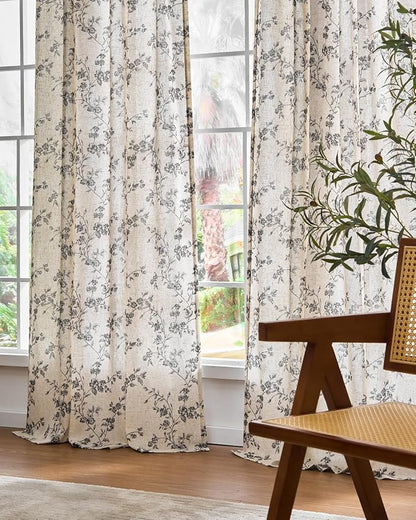 Black Vintage Floral Linen Curtains Farmhouse 38W X 90L 2 Panels | Elisa Series - Image 7