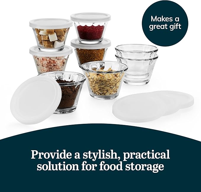 Libbey Baker’s Basics 8-Piece Cupcake Party Glass Baking Dish Set with Lids, Round Small Glass Bowls, Prep Bowls for Cupcakes, Mini Pot Pies, and More