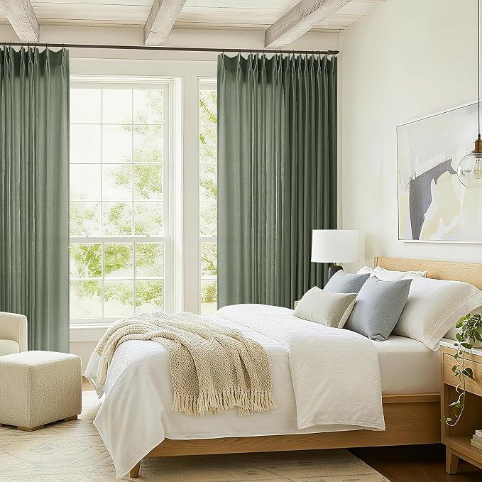 Olive Green Extra Wide Pinch Pleated 100 x 102 Inch Linen Curtains | - Image 2