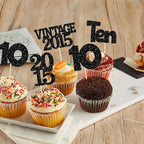 Gyufise 24Pcs 10th Birthday Cupcake Toppers Glitter Ten Vintage 2015 Double Digits 10 Cupcake Picks Hello 10 Years Birthday Cake Decorations for Happy 10th Anniversary Party Supplies Black