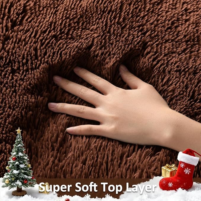 Ophanie Round Rug 4Ft Brown Circle Area Rug, Fluffy Fuzzy Small Bedroom Carpet - Image 2