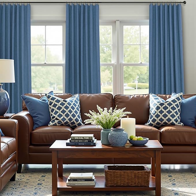 Denim Blue Blackout Curtains & Drapes 84 Inch Length 2 Panels Set Faux Linen - Image 2
