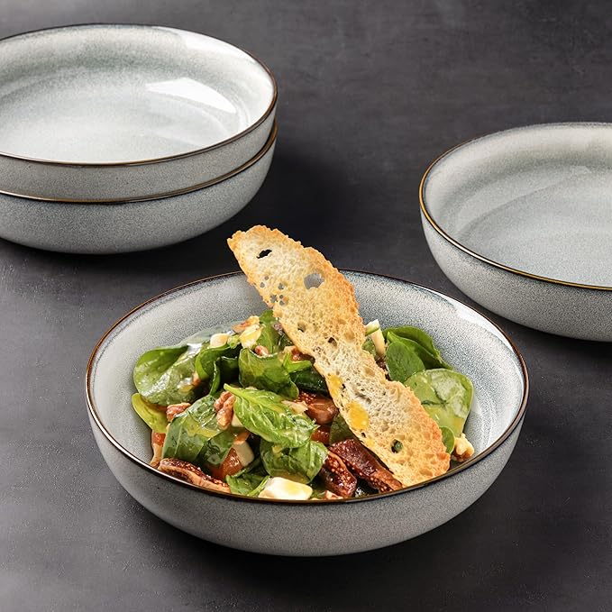 GBHOME 9'' Large Ceramic Pasta Bowls, 38oz Stoneware Pasta Serving Bowls Set of 4 for Kitchen, Wide Bowls for Fruit,Pasta,Salad,Oatmeal,Meal, Microwave Safe, Reactive Glaze-Green Wheat