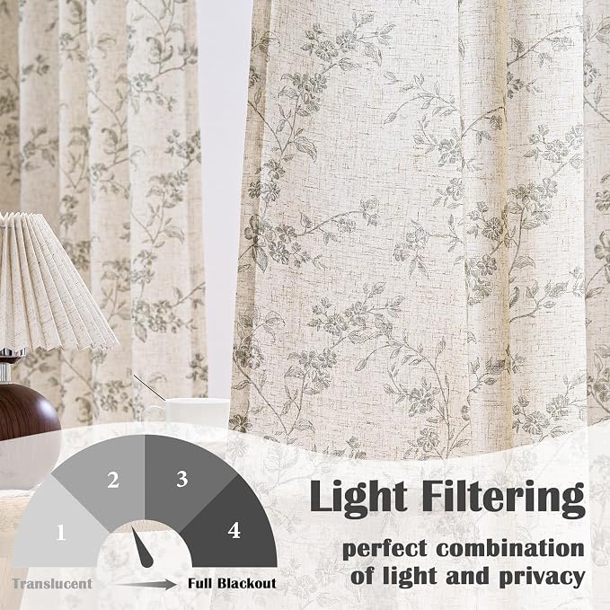Grey Vintage Floral Linen Curtains Farmhouse 50W X 63L 2 Panels | Elisa Series - Image 3