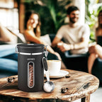 Coffee Canisters with Window,Scoop and Airtight Lid Stainless Steel Kitchen Bean Storage Grounds Container（22OZ/Black)Date Tracker and Scoop for Grounds Coffee Bar Accessories Beans, Cereal, Sugar
