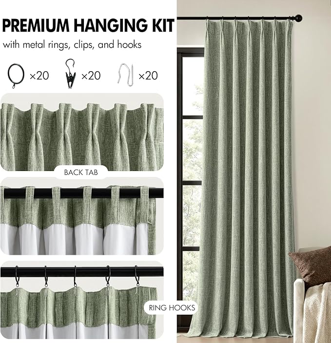 MIULEE Sage Green Pinch Pleated 100% Blackout Linen Curtains 40x90 Inches | - Image 8