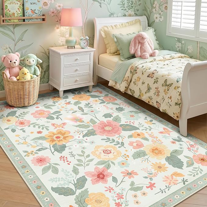 RELEANY Floral Washable 6x9 Area Rugs Beige/Green | Flower Carpet Print Boho - Image 2