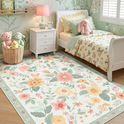 RELEANY Floral Washable 6x9 Area Rugs Beige/Green | Flower Carpet Print Boho - Image 2